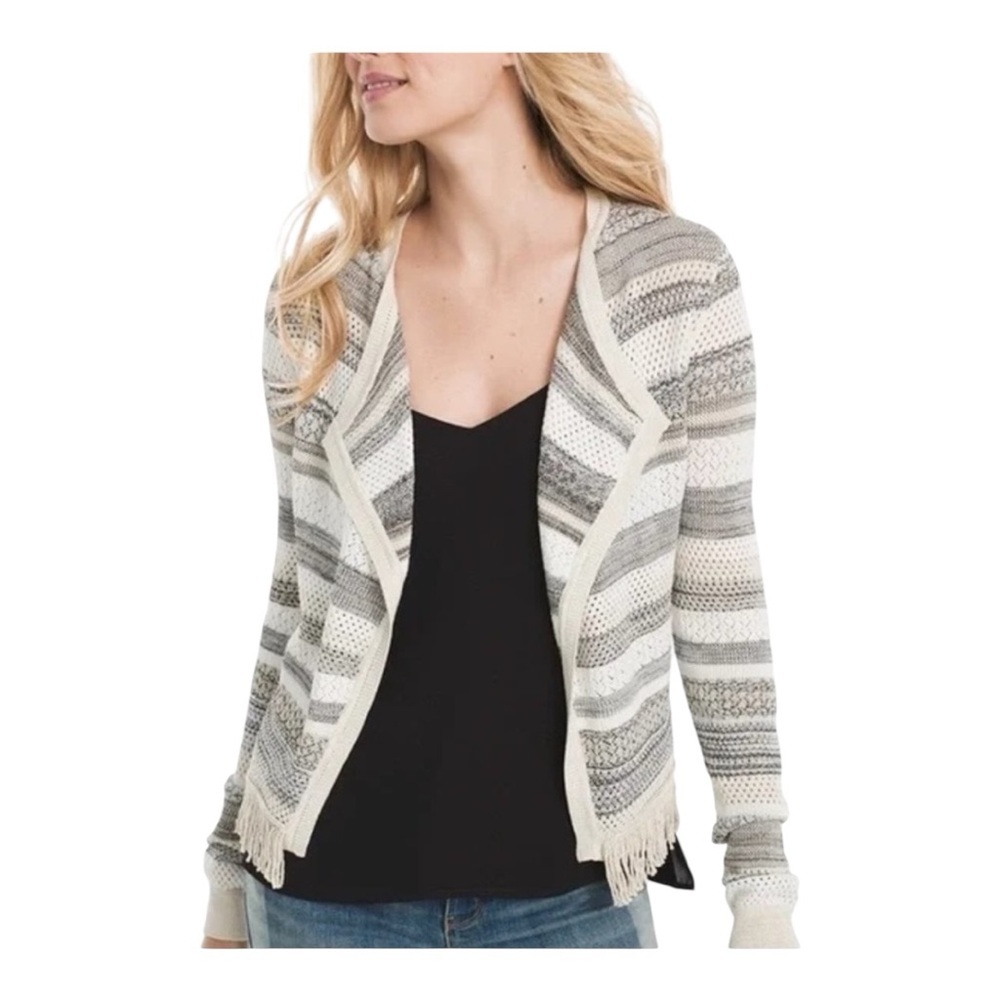 White House Black Market Striped Open-Front Fringe Cardigan- Gray & Cream Size S